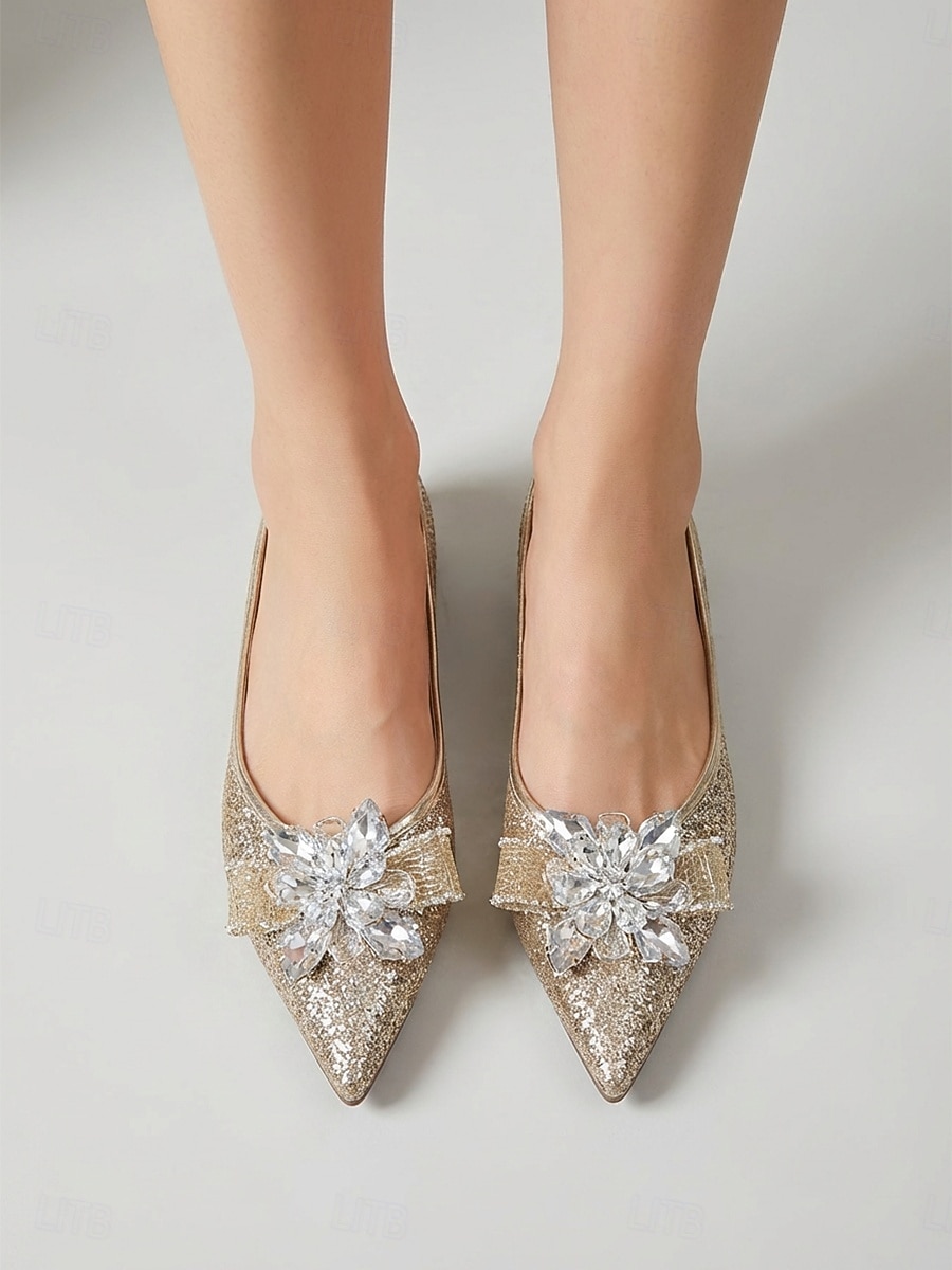 Ballerine da sposa da donna con glitter dorati, scarpe da sposa a punta con dettaglio floreale in cristallo per cerimonia e ricevimento &comfort nuziale del 2026 a $36.99 –P3