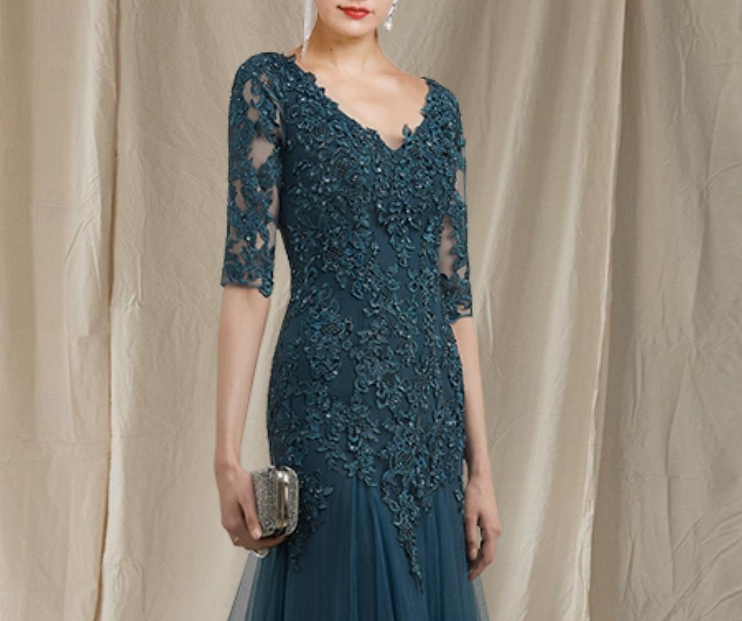 A-Linie Bodenlange Schleppe Kleid für Hochzeitsgäste Abendkleid Brautmutterkleid Halbarm V Ausschnitt Elegant Hochzeitsfeier Spitze Tüll nein mit Rüschen Applikationen 2026 - $206.99 –P8
