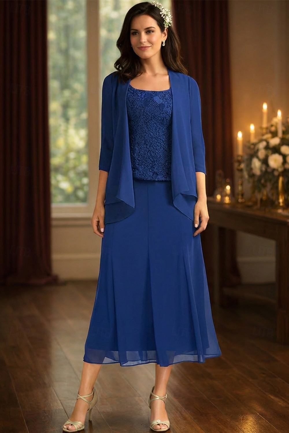 Ensembles de robes longueur thé robe de invitée de mariage robe de mère de la mariée à manches 3/4 décolleté carré élégante simple pour invité de mariage avec couleur unie de 2026 ? $183.99 –P5