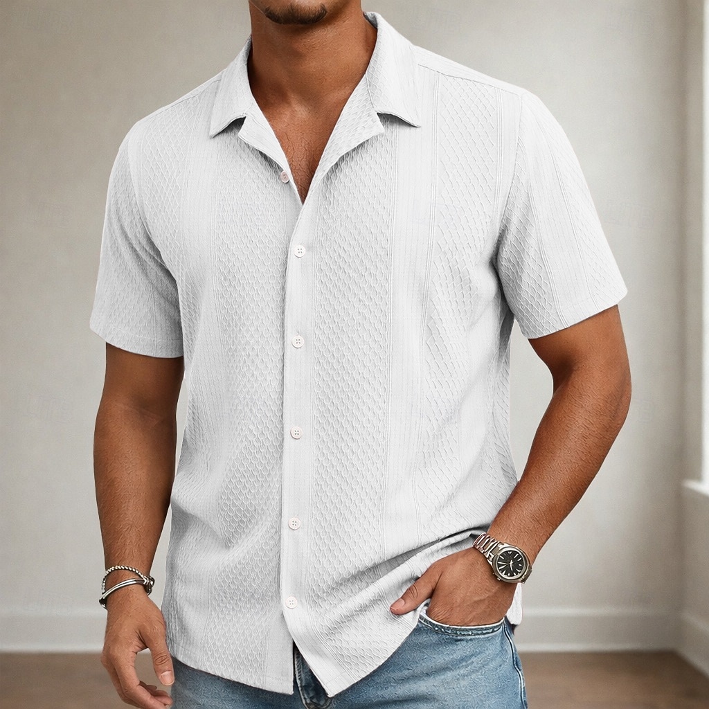 Men's Shirt Casual Shirt Button Up Shirt Jacquard Shirt Black White Pink Navy Blue Apricot Short Sleeve Plain Shirt Collar Casual Daily Clothing Apparel Elegant Fashion Casual 2026 - $26.99 –P2