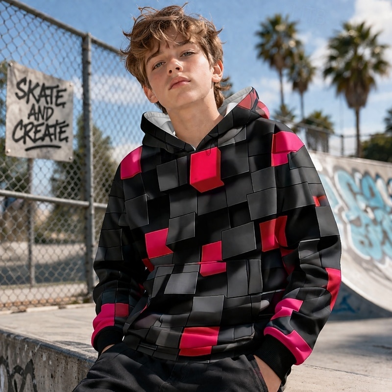 Boys' 3D Graphic Geometric Hoodie Pullover Long Sleeve 3D Print Summer Spring Sports Fashion Streetwear Kids 4-12 Years Hooded Casual Daily Outdoor Regular Fit 2026 - $23.99 –P2