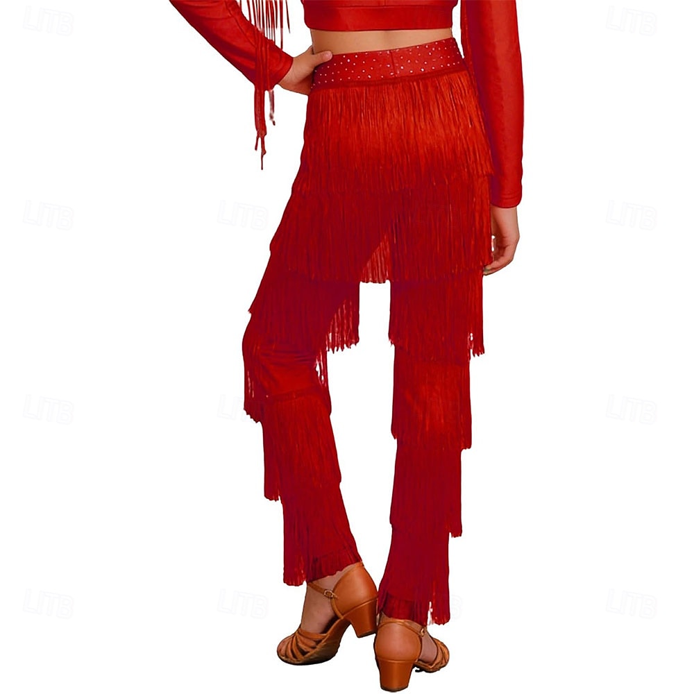 Pantalones latinos rojos con flecos - ropa de baile con borlas escalonadas y ribete de lentejuelas para baile de salón & escenario 2026 - $73.99 –P2