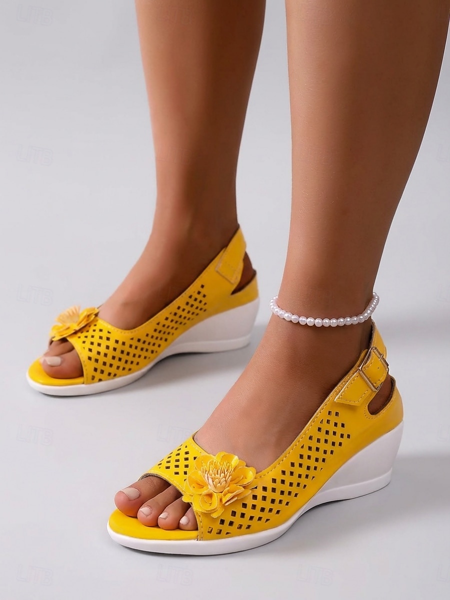 Women's Yellow Wedge Sandals – Breathable Open Toe Casual Sandals with Floral Detail for Garden, Travel, Vacation & Daily Wear 2026 - $29.99 –P4