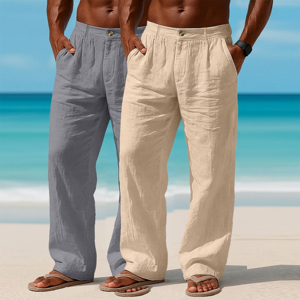 Homme Pantalons en Lin Pantalons Pantalon d'été Pantalons Amples Pantalons de Plage Avec Poches Uni Confort Respirant Longueur complète Occasionnel Quotidien Extérieur Vacances Mode Blanc + kaki de 2026 ? $41.99 –P6