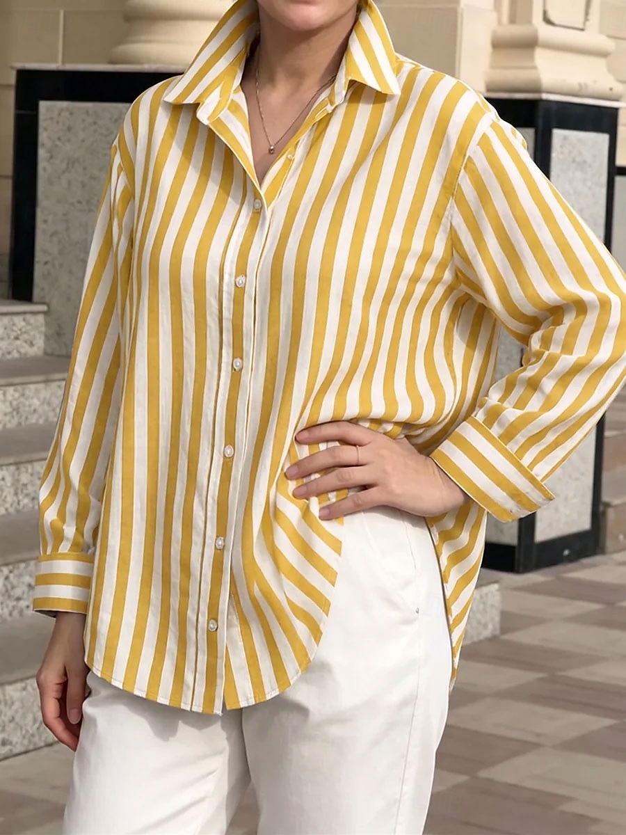 Per donna Camicia Blusa Bottoni Grafico A righe Vintage Elegante Classico Manica Lunga Colletto a Camicia Top Regolari Casuale Quotidiano Ferie Blu Nero Giallo Estate Primavera del 2026 a $35.99 –P4