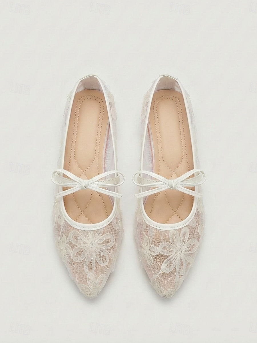 Women's White Lace Floral Mary Jane Flats - Elegant Mesh Embroidery ...