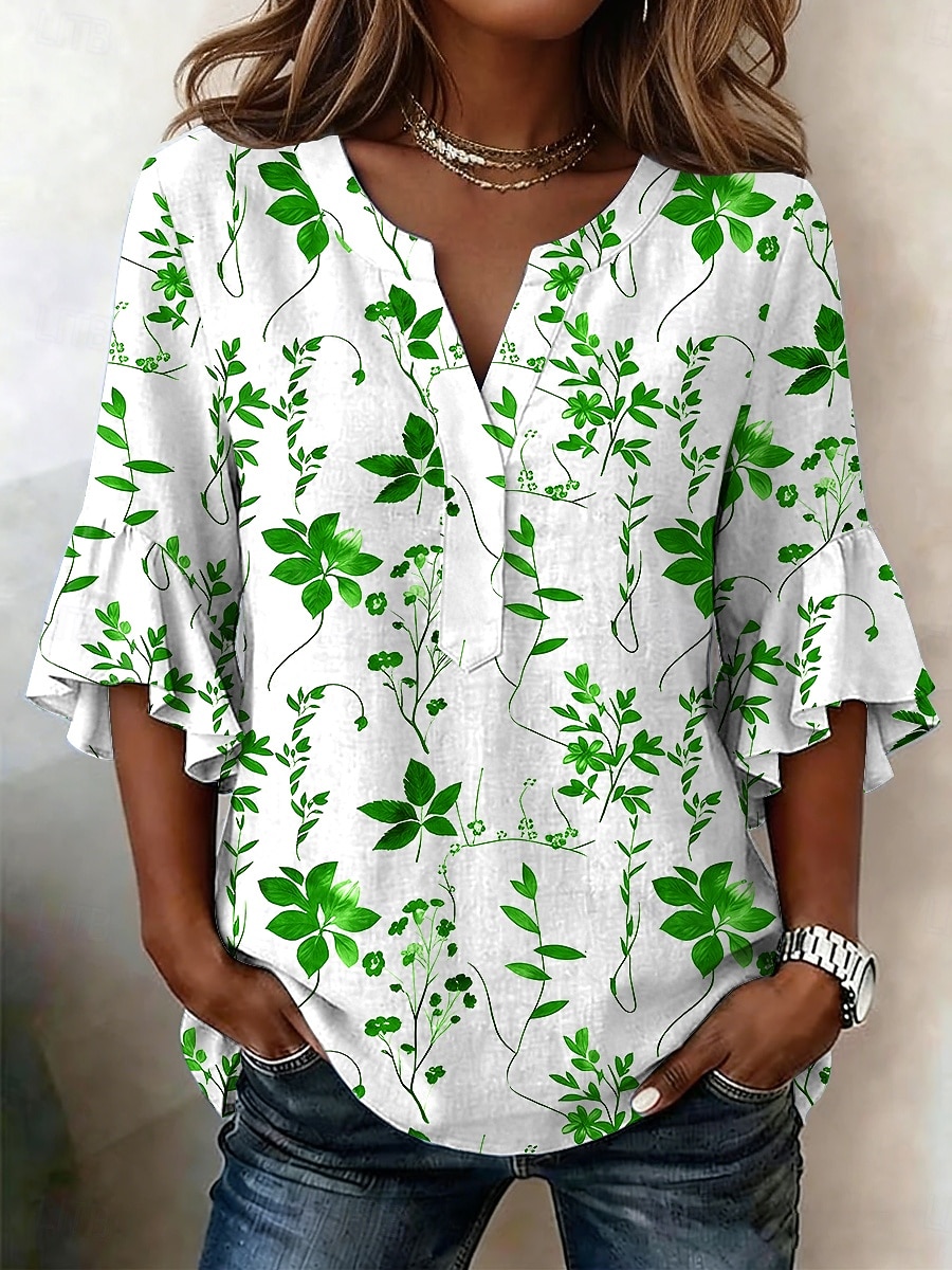 Mulheres Blusa Frufru Imprimir Floral Gráfico Férias Diário Retro Vintage Manga 3/4 Decote V Tops longos Casual Diário Feriado Azul Vermelho Roxo Verde Verão Primavera de 2026 por $26.99 –P4