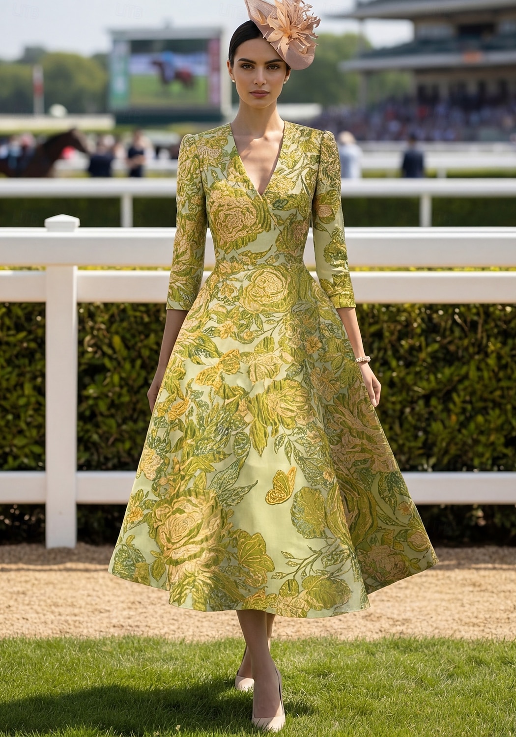 A-lijn Tot de enkel Cocktailjurken Elegant Bloemig 3/4 mouw V-hals Bruiloft Formeel Jacquard met Bloemenprint Plooien 2026 - $176.39 –P1
