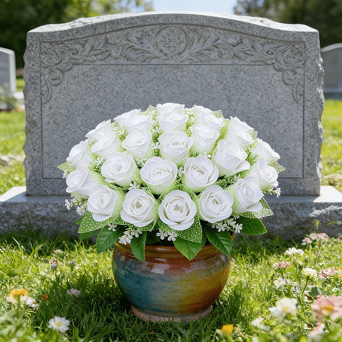 Arranjo requintado de rosas artificiais para lápides, ideal para o Dia da Memória, funerais e cemitérios, expressando condolências e despedidas a familiares e amigos. de 2026 por $14.99 –P7