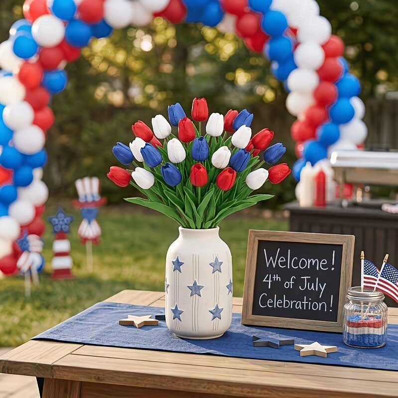 Conjunto de 20 tulipas artificiais vermelhas, brancas e azuis com toque realista, flores patrióticas de imitação adequadas para decorações do Dia da Independência (4 de julho), decoração de casa e de 2026 por $22.99 –P7
