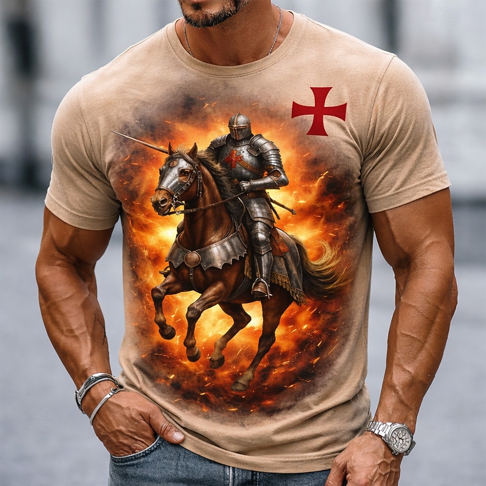Camiseta masculina de manga curta com estampa de cavaleiro templário, armadura, cavalo, fogo, cruz vermelha, guerreiro cristão medieval, estilo épico vintage. Ajuste casual, streetwear, uso diário, de 2026 por $18.99 –P2