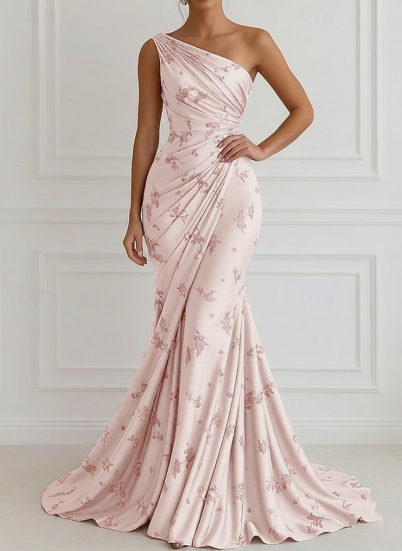Meerjungfrauenschnitt Bodenlange Schleppe Abendkleid Elegant Blumen seidig Ärmellos Ein-Schulter Abendgesellschaft Gartenparty Satin Jacquard mit Gerafft 2026 - $205.89 –P4
