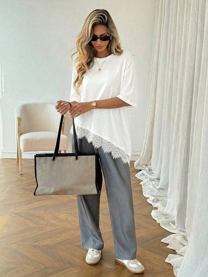 Γυναικεία Κομψή Χιτώνας Μπλουζάκι Ασύμμετρο στρίφωμα Σκέτο Κομψό Βοημία Κοντομάνικο Στρογγυλή Ψηλή Λαιμόκοψη Μακριές μπλούζες Causal Μαύρο Λευκό Καλοκαίρι Άνοιξη 2026 - $22.99 –P4