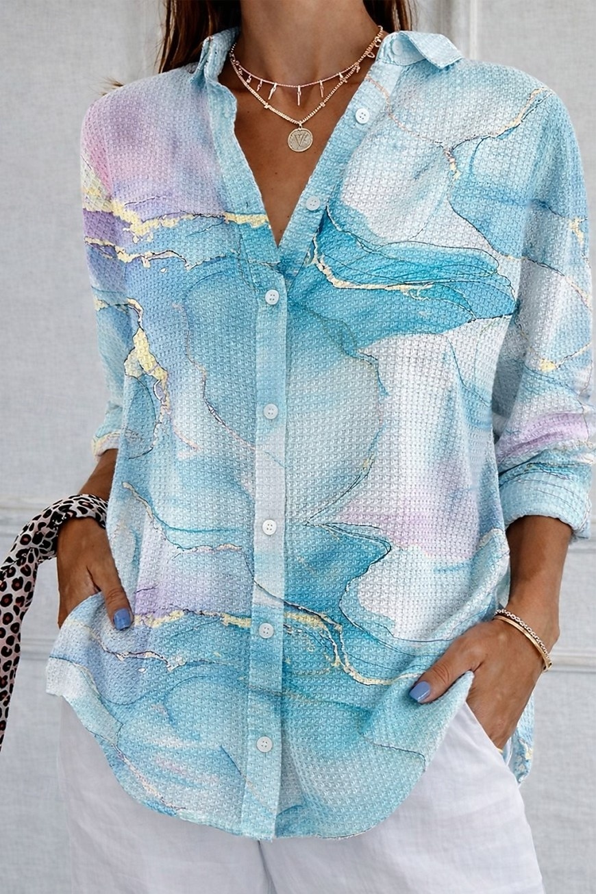 Mujer Camisa Camisa de gofres Camisa con botones Botones Graphic Impresión de mármol Vintage Elegante Manga Larga Tops largos Diario Exterior Ropa de calle Verde y Azul Naranja Caqui Verano Primavera 2026 - $27.99 –P1
