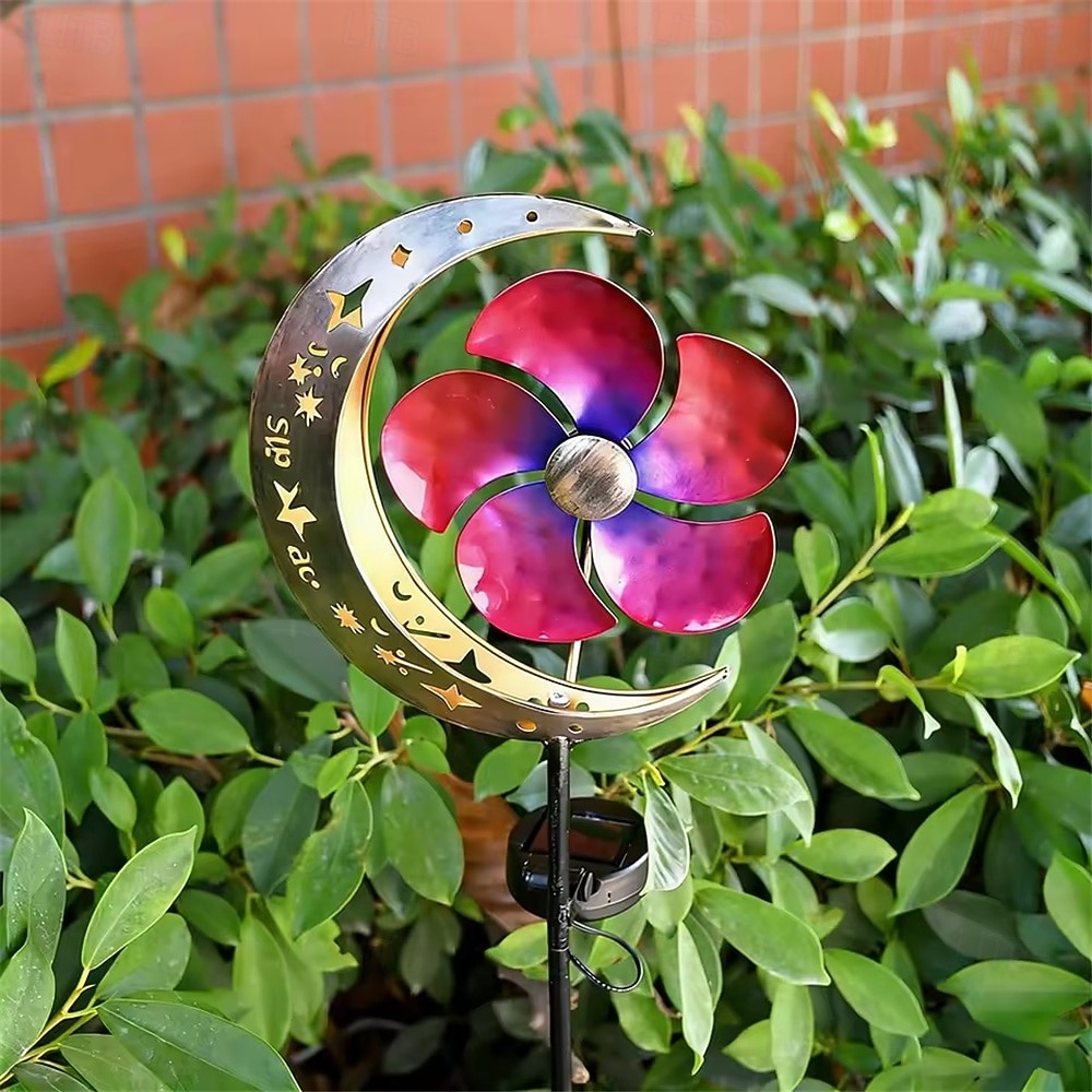 Solarbetriebener Mond-Windspinner aus Metall, Gartenstecker, Außendekoration, Windräder, wasserdicht, Landschafts- und Wegbeleuchtung, 1 Stück 2026 - $35.99 –P1