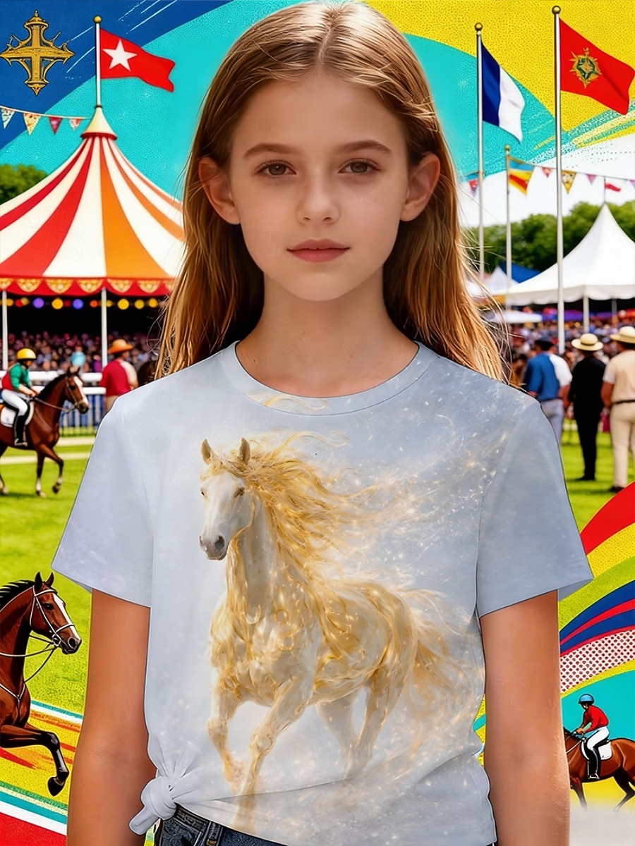 Derby del Kentucky Ragazze 3D Grafico Cavallo Maglietta Manica Corta Stampa 3D Estate Primavera Sport Moda Streetwear Bambini 4-12 Anni Girocollo Casuale Quotidiano All'aperto Vestibilità regolare del 2026 a $14.49 –P4