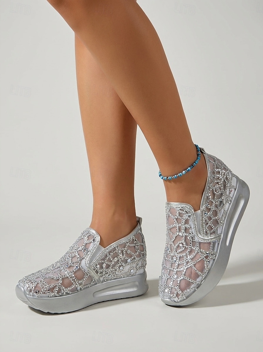 Baskets compensées blanches en dentelle pour femme - chaussures confortables à enfiler ornées de strass, idéales pour un mariage champêtre. de 2026 ? $32.99 –P2