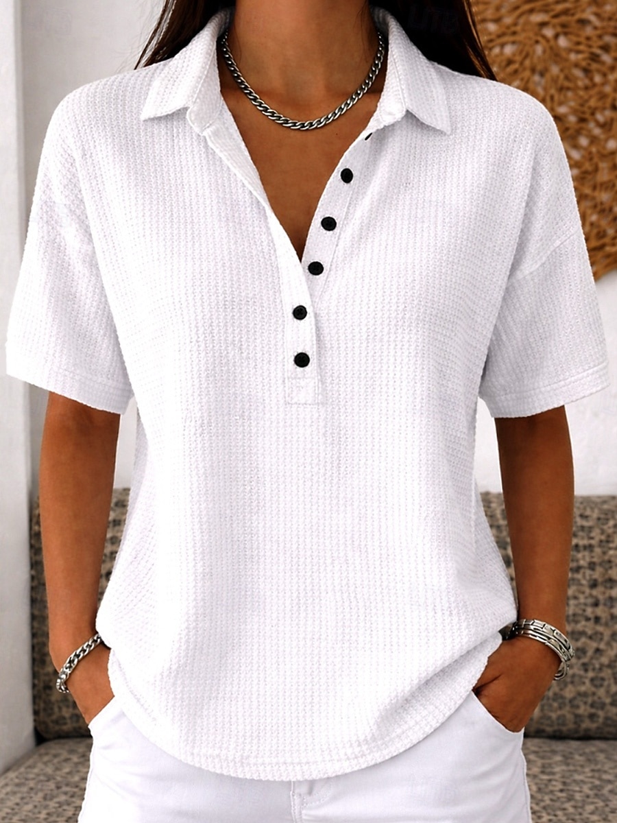 Tunică pentru femei cu vafe cu nasturi culoare solidă simplă vintage stil elegant clasic maneci scurte guler rabatabil tops regulare zilnic alb roz albastru deschis vară primăvară 2026 - $27.99 –P10