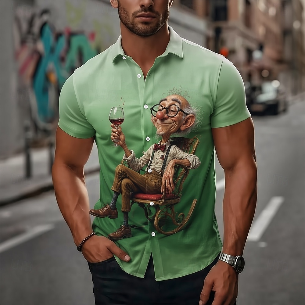 Men's Cartoon Character Drink Old Man Shirt Summer Shirt Button Up Shirt Short Sleeve Funny Vintage Retro Daily Outdoor Vacation Summer Spring Turndown 3D Print Collared Shirts Green Khaki Gray 2026 - $25.99 –P3