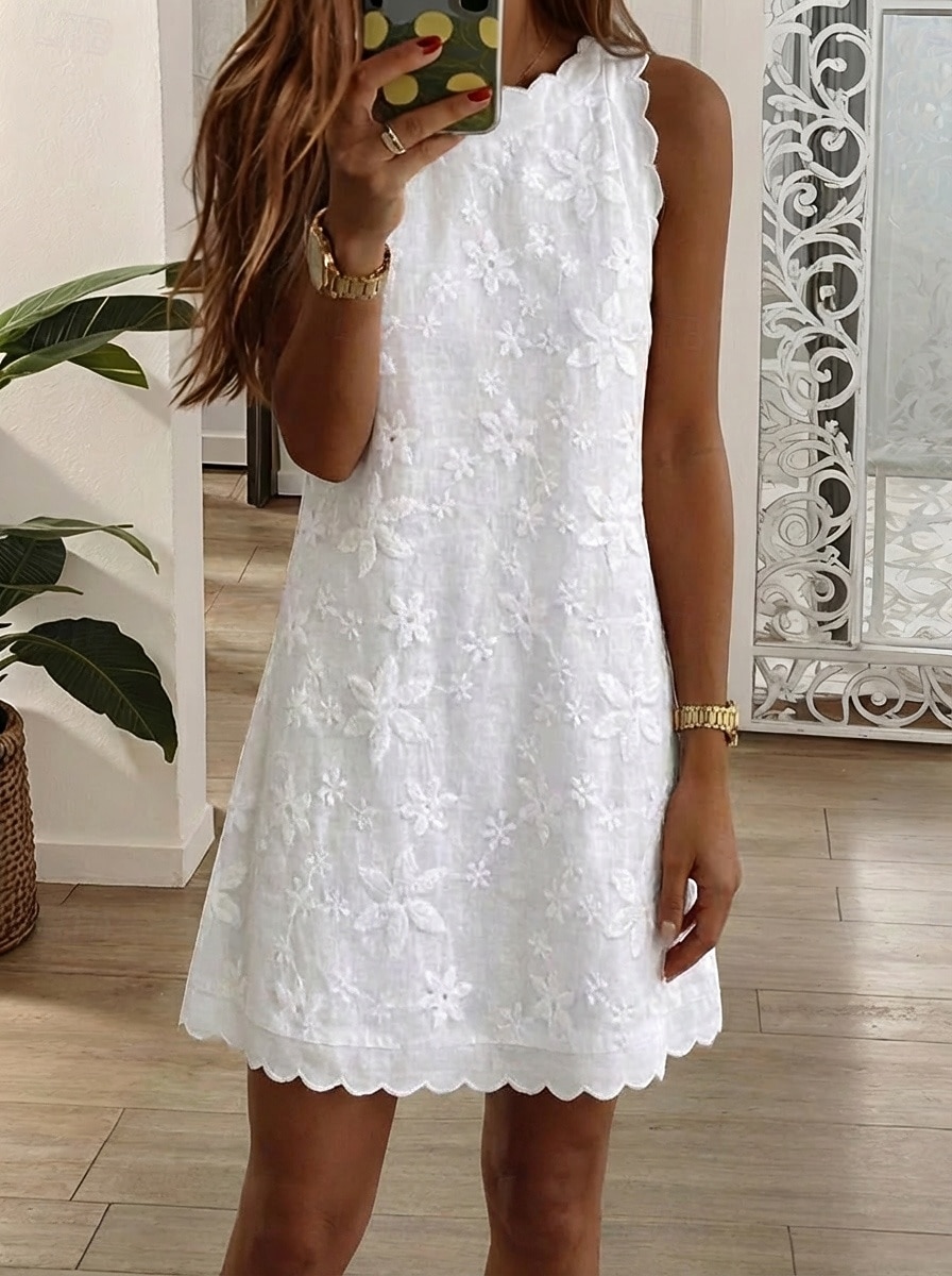 Dam Kort miniklänning Spetsklänning Vit klänning Elegant Strand Semester Helgdag Normal Blommig Ärmlös Rund hals Blå Svart Vit Rodnande Rosa Sommar Vår 2026 - $26.99 –P1