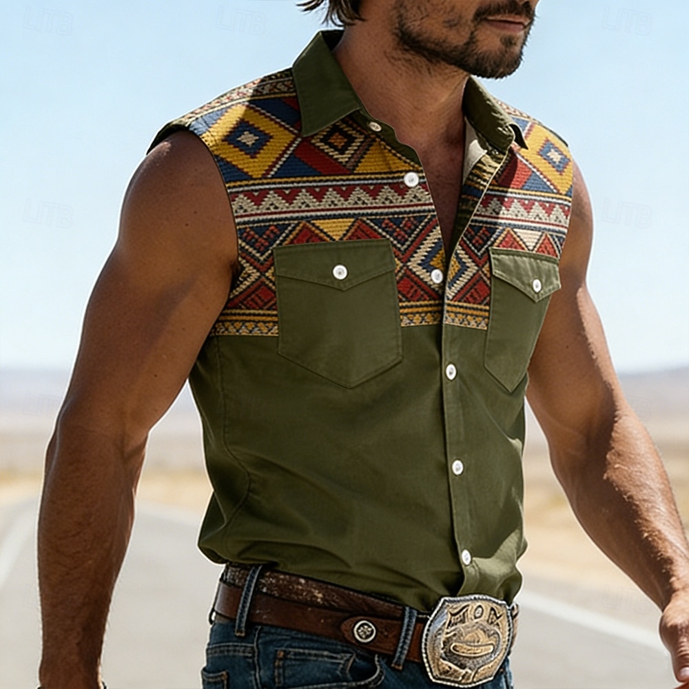 Men's Geometric Pattern Ethnic Western Shirt Cowboy Shirt Sleeveless Shirt Sleeveless Western Style Vintage Retro Outdoor Work Causal Summer Spring Turndown 3D Print Work Shirts Blue Army Green Brown 2026 - $25.99 –P2