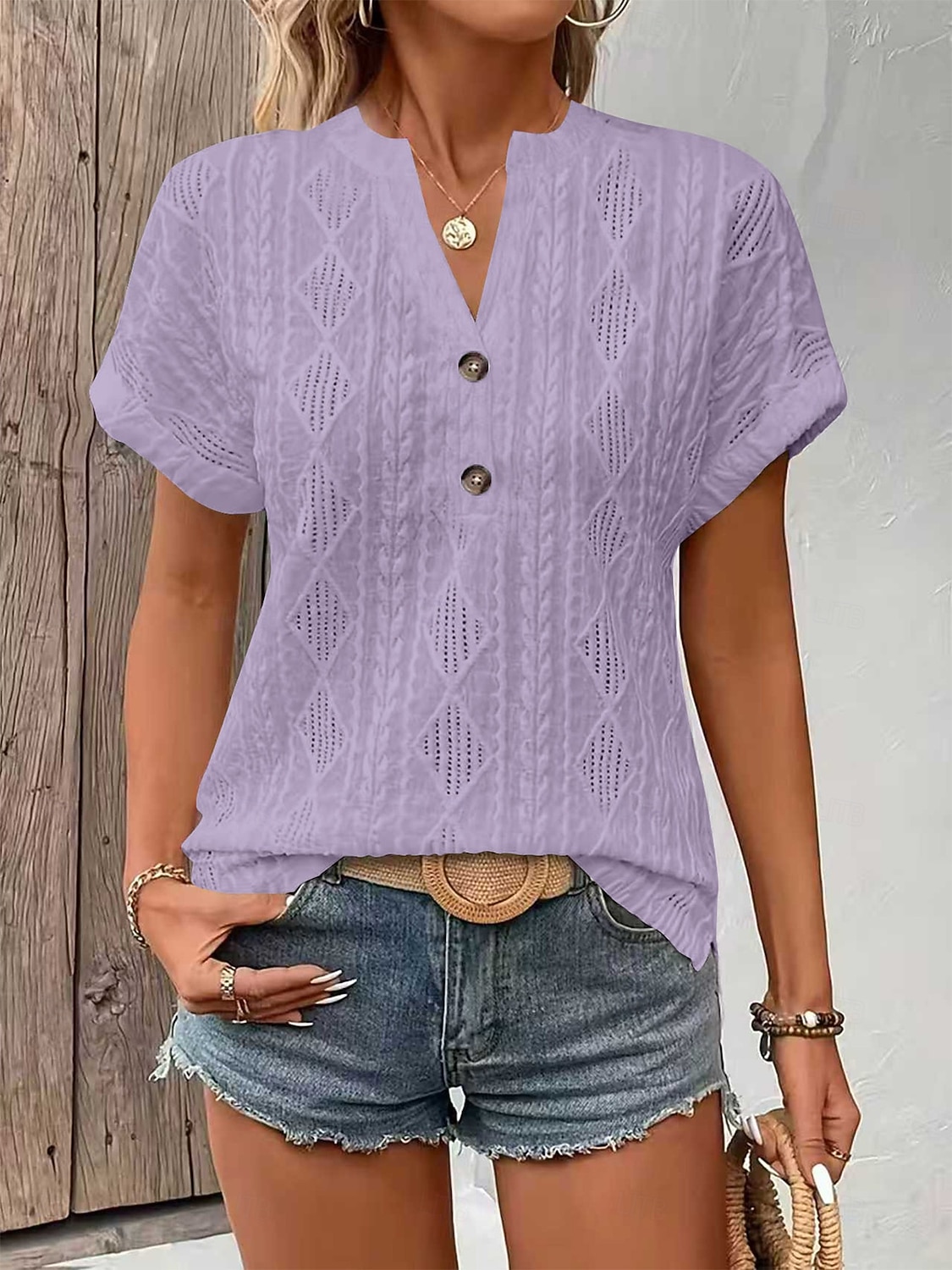 Per donna Blusa Testurizzato Tinta unica Vintage Elegante Essenziale Manica Corta Scollo a V Top Regolari Quotidiano Blu Nero Bianco Rosa Rosso Estate Primavera del 2026 a $28.99 –P6