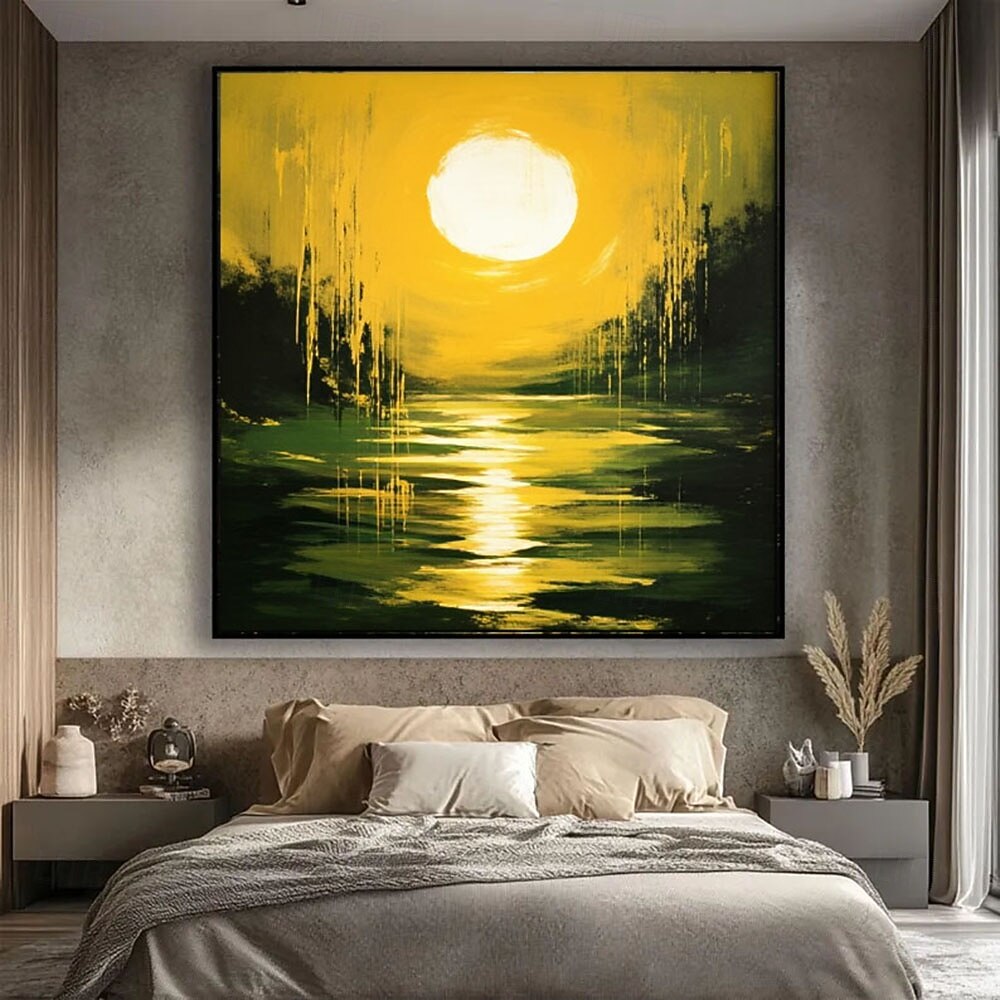 Hand Painted Sunset Oil Painting Emerald Green Abstract Textured Canvas Green Lake Moon Water Reflection Art 2026 - $91.99 –P1
