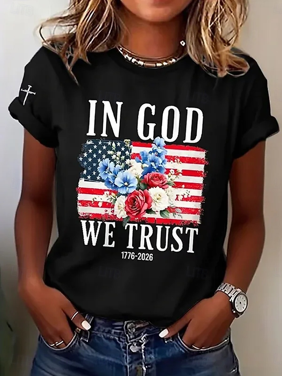 2026年 アメリカ独立記念日 女性用 Tシャツ プリント フラワー グラフィック フラッグ スタイリッシュ クラシック カジュアル 半袖 クルーネック ラウンドネック レギュラートップス カジュアル 日常 ブラック ルビーレッド 夏 春  コレクション – $22.99 –P1