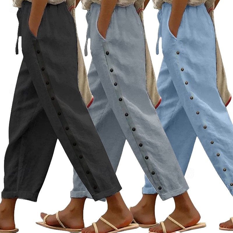 3er-Pack Damenhosen, Sommerhosen, Freizeithosen, Urlaubshosen, Basic-Hosen, knöchellang, natürliches, schlichtes Design, Seitentaschen, seitliche Knöpfe, bequem, atmungsaktiv, nicht elastisch, ideal für Wochenendausflüge 2026 - $65.99 –P2