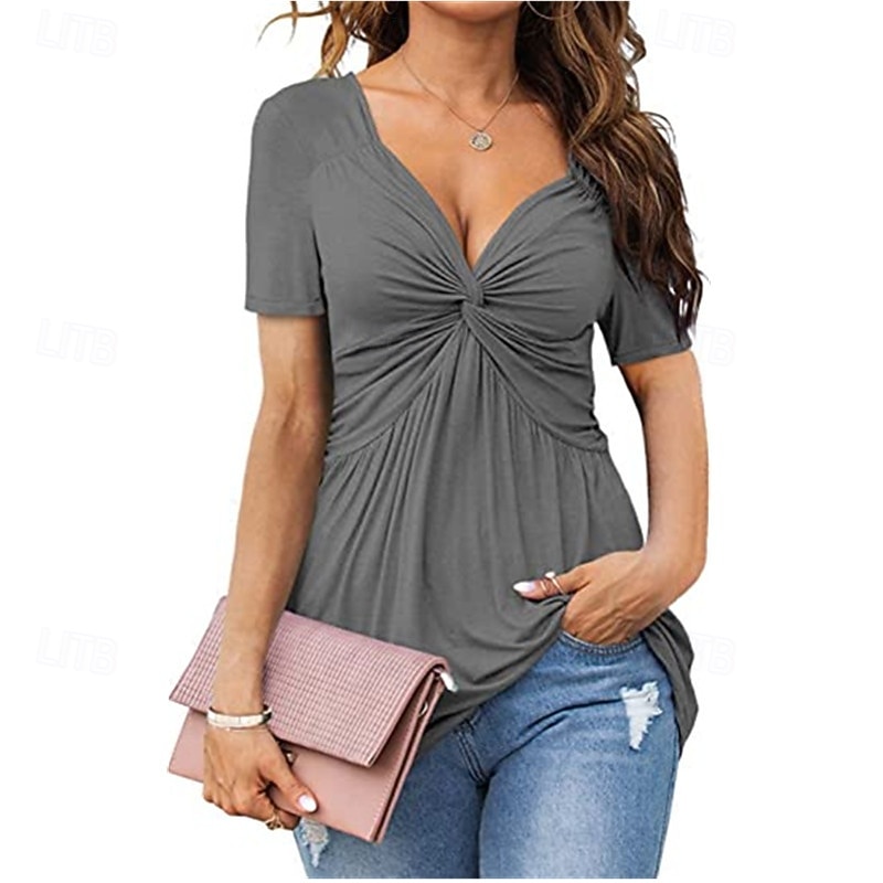 Mujer Camiseta Camiseta superior Frunce Plano Moda Elegante Clásico Manga Corta Escote en Pico Tops regulares Diario Noche Fin de semana Negro Blanco Vino Fucsia Rosa Rojo Verano Primavera 2026 - $19.99 –P2