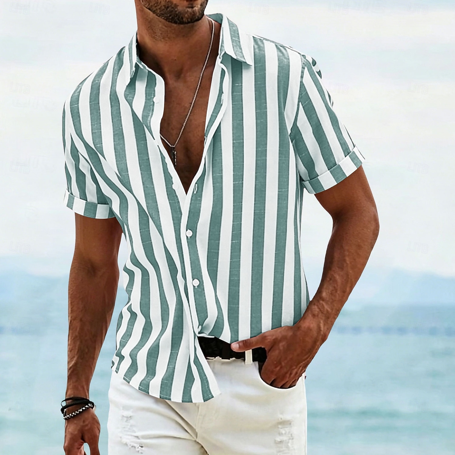 Per uomo Camicia Camicia di lino Camicia Estiva Camicia da Spiaggia Camicia con Bottoni Camicie a righe Strisce verticali Abbigliamento casual alla moda Vacanza Blu Giallo Rosa Rosso Manica Corta del 2026 a $27.99 –P9