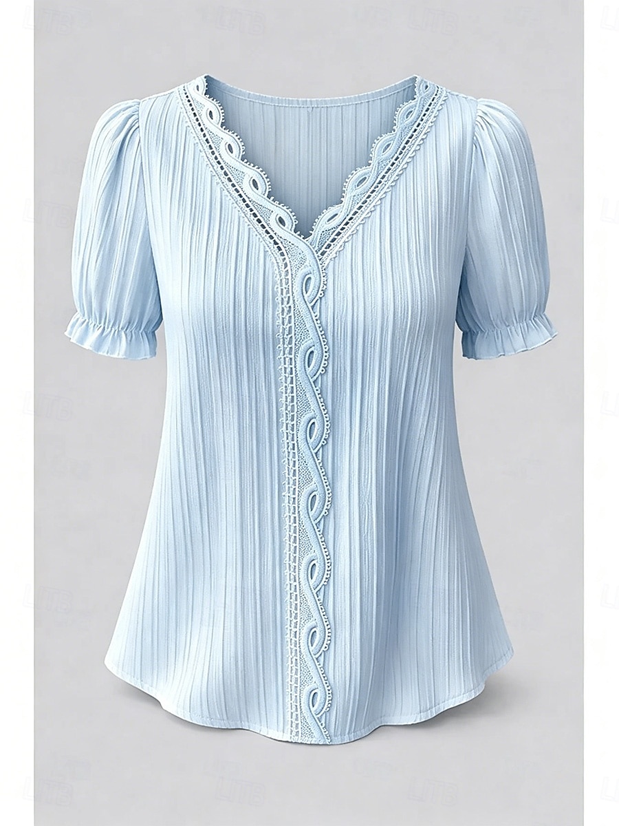 Mujer Camiseta Camiseta superior Encaje Retazos Plano Moda Elegante Clásico Manga Corta Escote en Pico Tops regulares Diario Noche Fin de semana Blanco Amarillo Azul cielo Morado Verano Primavera 2026 - $19.99 –P9