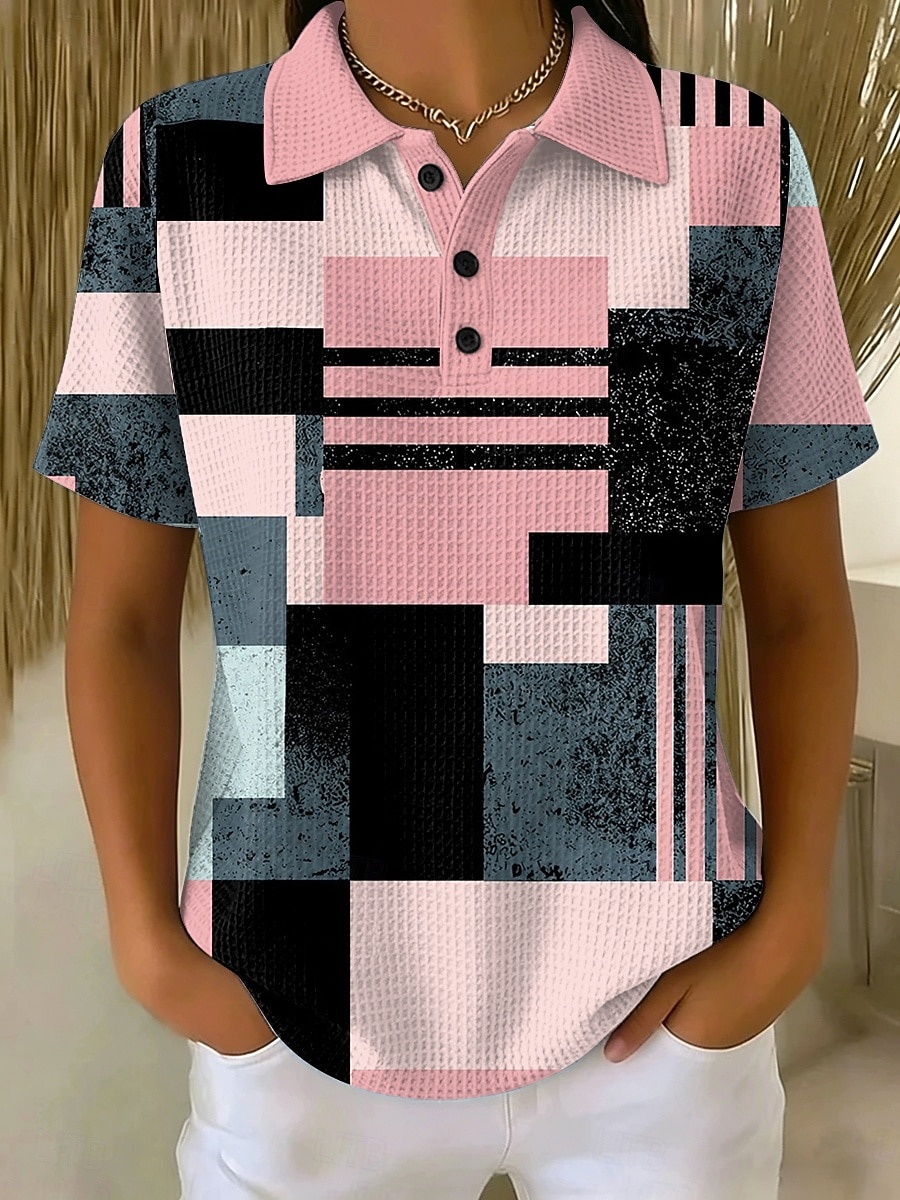 Mujer Camisetas polo con diseño de gofre Graphic Geométrico Vintage Elegante Clásico Manga Corta Cuello de polo Tops regulares Casual Diario Amarillo Rosa Rojo Verano Primavera 2026 - $24.99 –P3