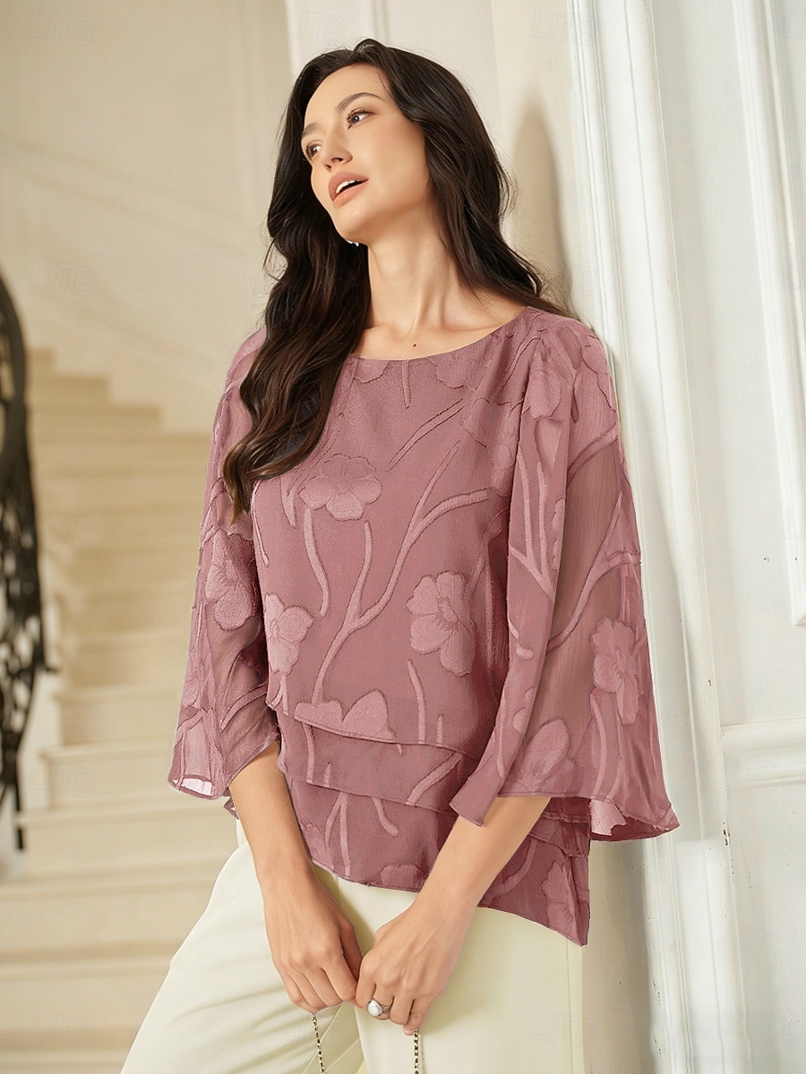 Damen Spitzenbluse Bluse Elegante Oberteile Chiffon Tops Asymmetrischer Saum Einfarbig Blumen Grafik Elegant Stilvoll Basic Dreiviertelarm Glockenärmel U-Boot-Ausschnitt Normale Oberteile Täglich 2026 - $47.99 –P1