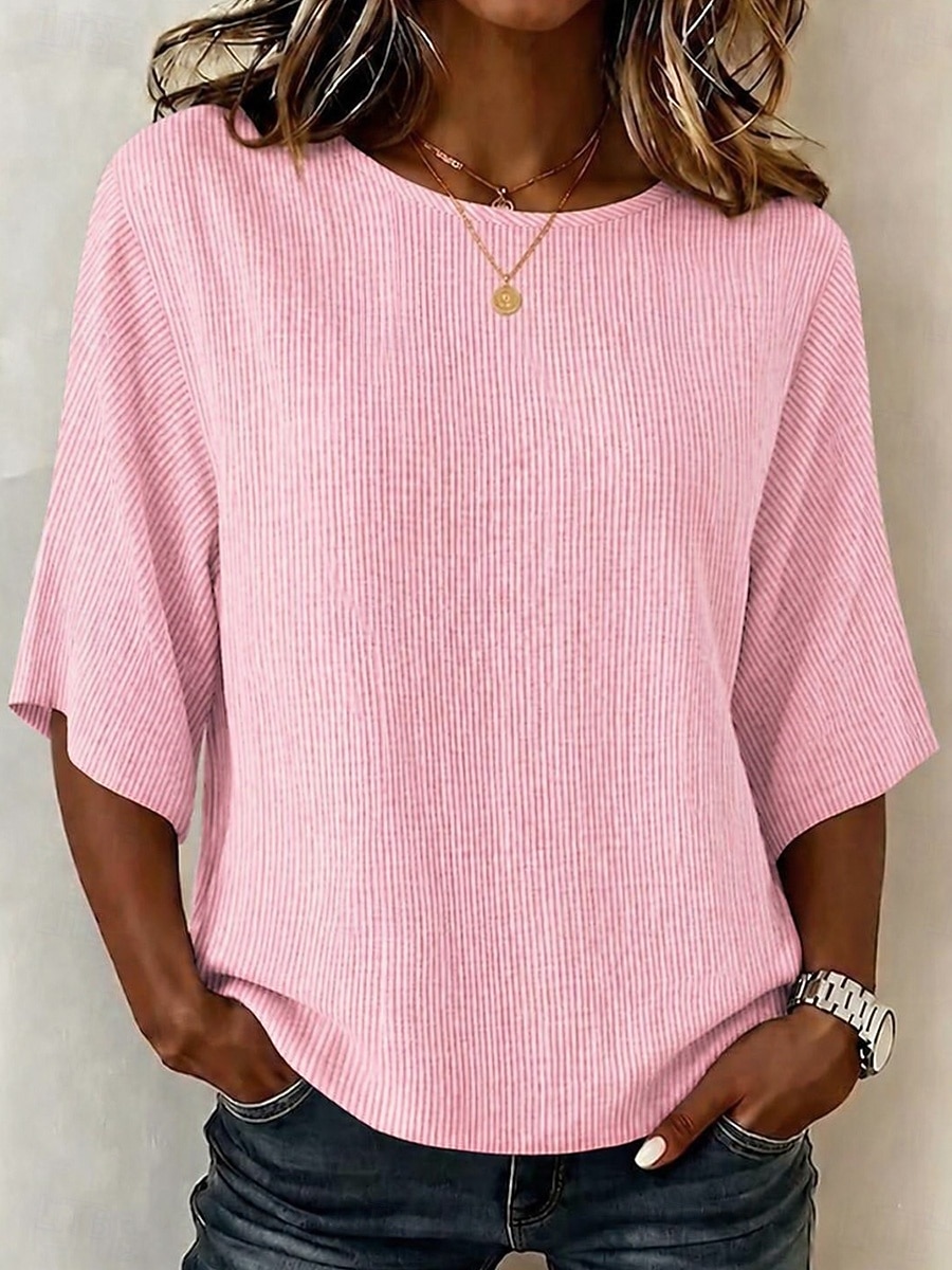 Damen Hemden in Leinenoptik Bluse Druck Grafik Gestreift Bohemien Tropisch Stilvoll Dreiviertelarm Rundhalsausschnitt Normale Oberteile Lässig Täglich Urlaubskleidung Blau Rosa Violett Grün Sommer 2026 - $28.99 –P7