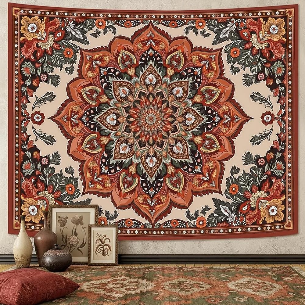Tapiserie de perete cu mandala boho, semilună, noapte înstelată, floare, agățat de perete, portocaliu ars, hippie, artă psihedelică, poster mare din material textil, pentru dormitor, cămin, living, 2026 - $20.99 –P4