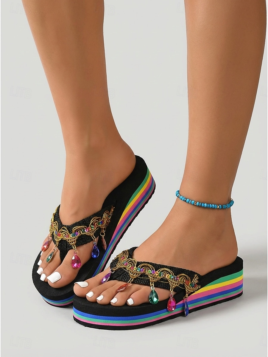 Tongs compensées arc-en-ciel pour femmes ornées de cristaux – sandales de plage bohèmes pour les vacances d'été de 2026 ? $19.99 –P1