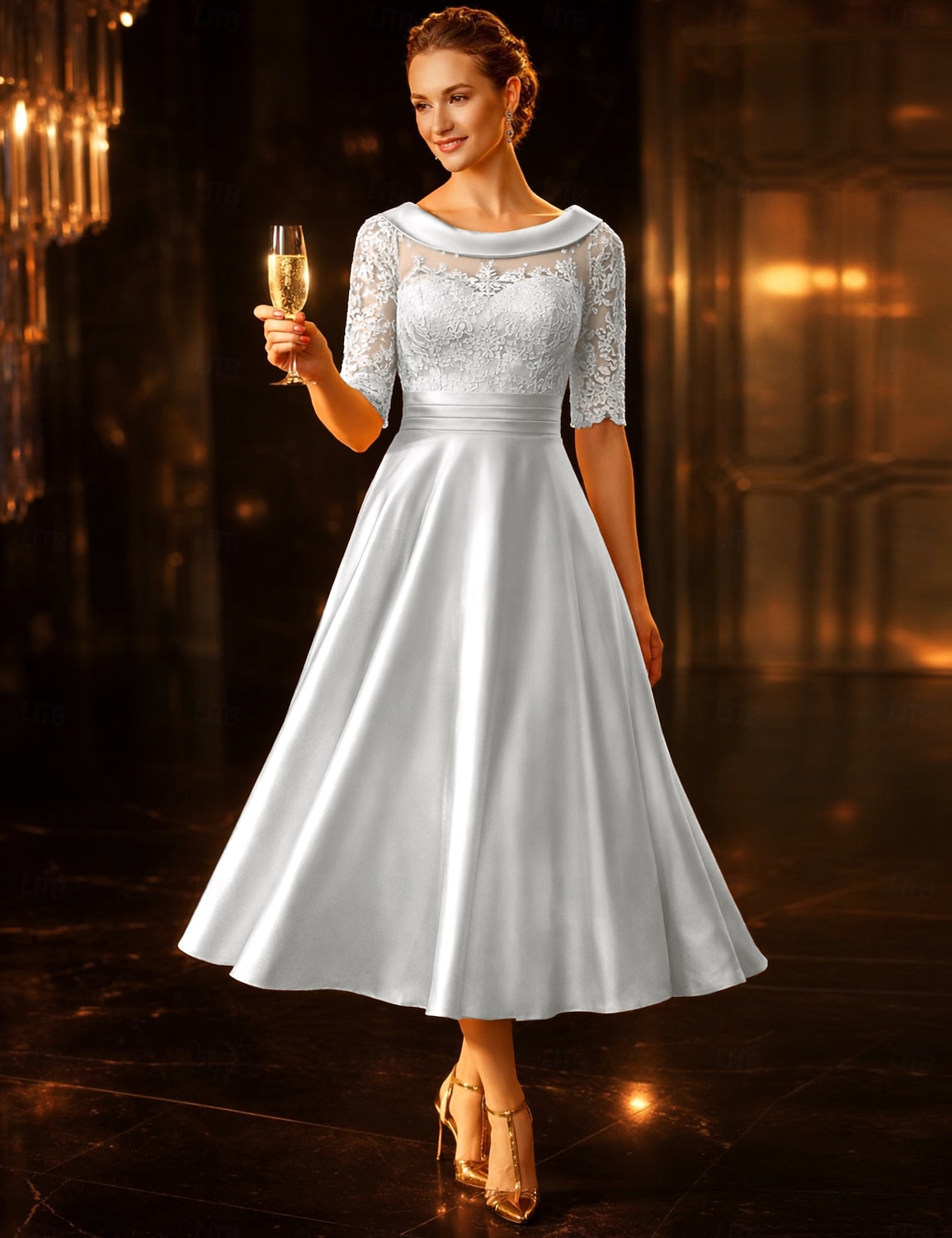 A-الخط طول الساق فستان الحفلة فستان كوكتيل فستان زفاف ضيف فستان أم العروس نصف كم رقبة سكوب أنيق عتيق ضيف حفل زفاف ساتان دانتيل مع روش زينة 2026 - $109.99 –P7