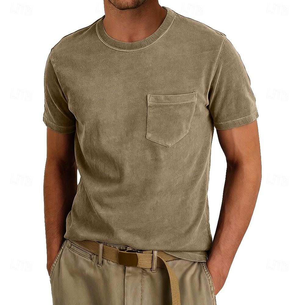 Per uomo Maglietta Camicia 100% cotone lavaggio acido Manica Corta Girocollo Estate Primavera Tutte le stagioni Tinta unica Elegante Vintage Neutro Tasca Girocollo Sbiadito Casuale Casa All'aperto del 2026 a $20.99 –P17
