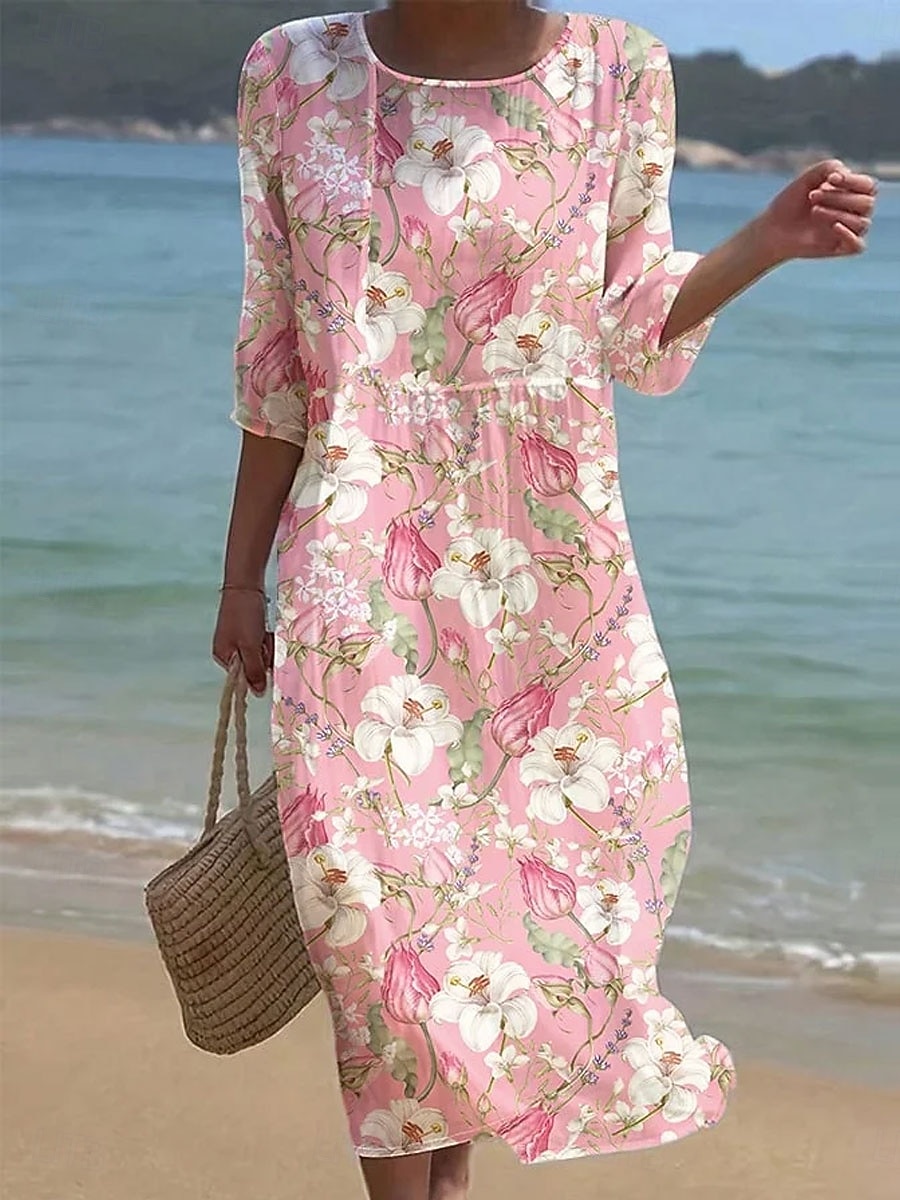 Women's Midi Dress Shift Dress Vacation Casual Beach Beach Regular Fit Floral Graphic 3/4 Length Sleeve Crew Neck White Yellow Pink Beige Summer Spring 2026 - $41.99 –P4