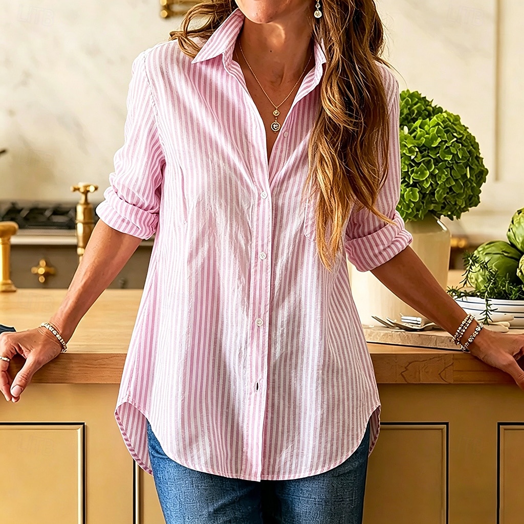 Per donna Camicia Camicia Estiva Camicia casual Camicia con Bottoni A righe Vacanza Moda Quotidiano Manica Lunga Collo ripiegato Top lunghi Abbigliamento casual alla moda Spiaggia Ferie Rosa Estate del 2026 a $26.99 –P1