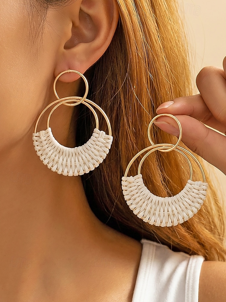Women's Bohemian Woven Hoop Earrings, Alloy Rattan Style Statement Round Earrings in Multiple Colors for Beach Vacation Travel, Resort Wear and Everyday Casual Summer Jewelry 2026 - $7.99 –P1