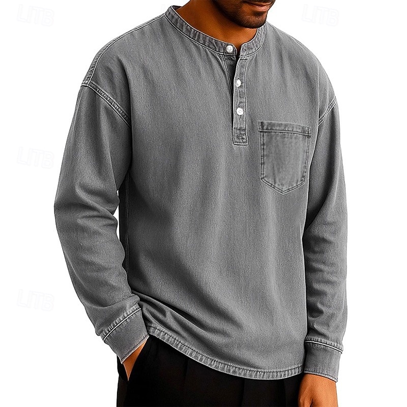 SoftFade™ Pánské tričko Henley T-shirt Tee dlouhý rukáv jednobarevné vintage retro ležérní styl obarvené vybledlé Henley ležérní jaro podzim černá šedá světle modrá Henley T-Shirt 2026 - $29.99 –P11