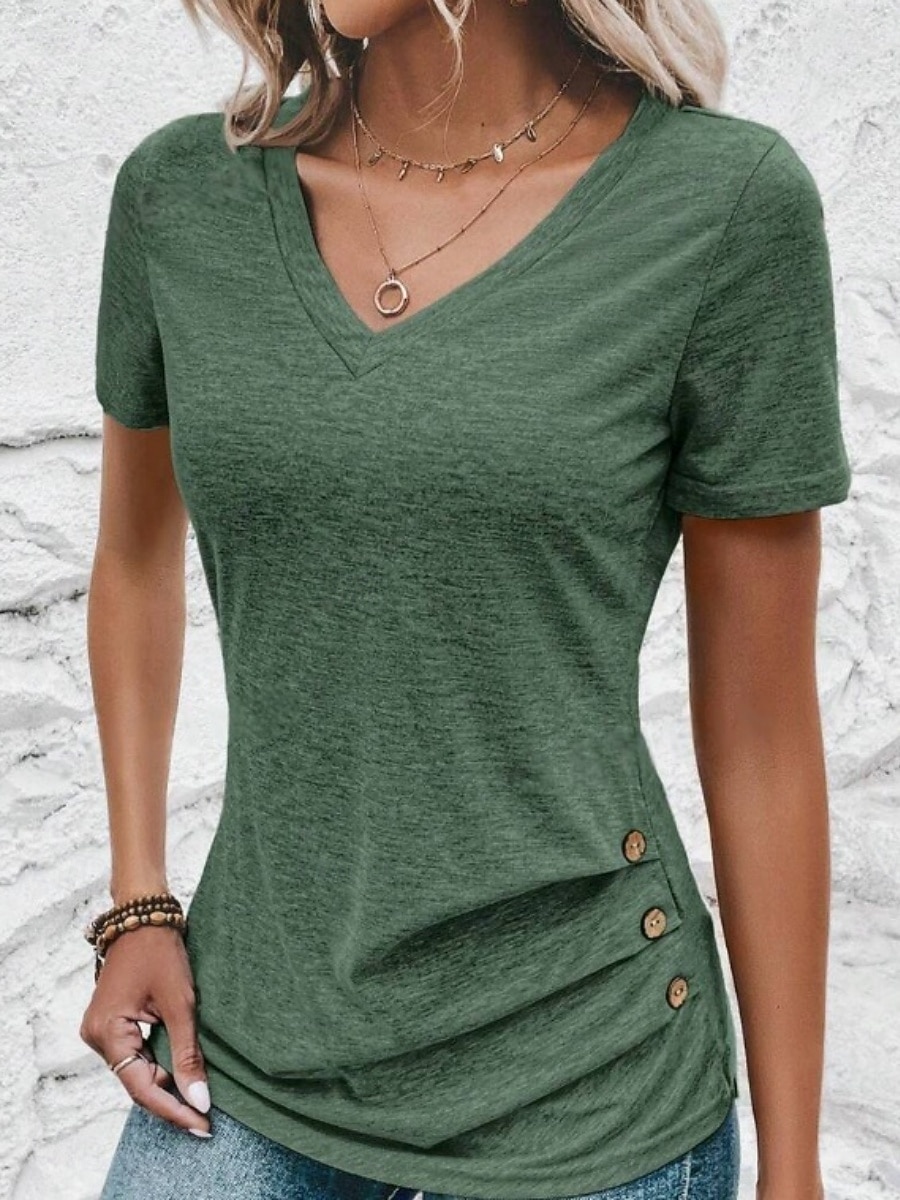 Per donna Maglietta Tinta unica Moda Classico Casual Manica Corta Scollo a V Top Regolari Quotidiano Uscire Weekend Verde militare Rosso Viola Rosa Grigio Estate Primavera del 2026 a $17.49 –P8