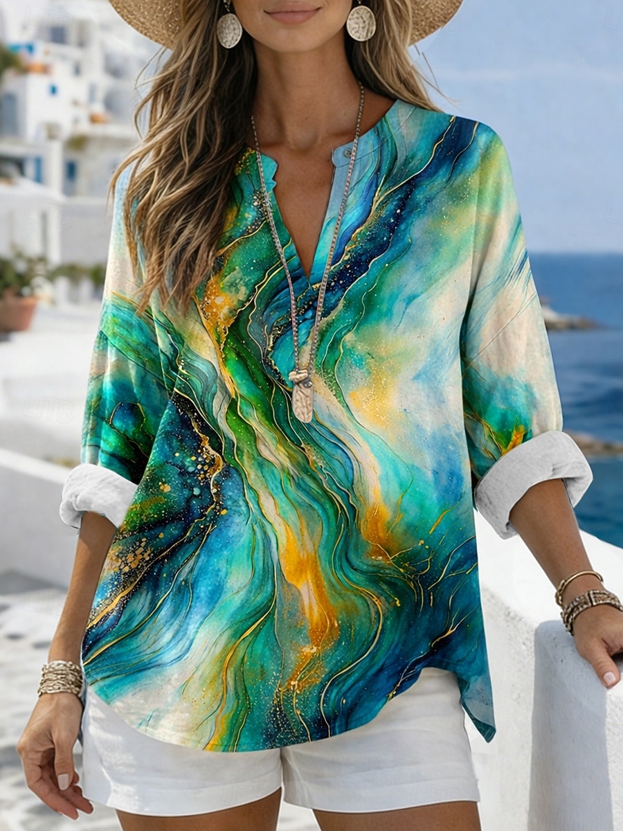 Dames Blouse Afdrukken Grafisch Geometrisch Abstract Vintage Dagelijks Stijlvol Lange mouw V-hals Normale tops Casual Dagelijks blauw Lichtgroen Rood Paars Groen Zomer Lente 2026 - $28.99 –P1