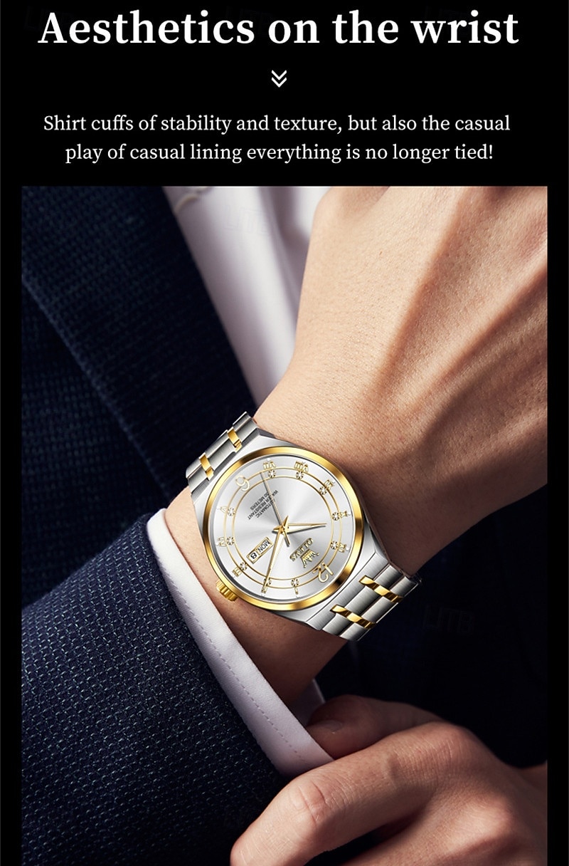 Men's Automatic Watch - Luxury Two-Tone Gold Stainless Steel Business Self Winding Wristwatch with Day Date, Waterproof Luminous Analog Dress Watch, Elegant Present for Husband Dad Son 2026 - $98.99 –P15