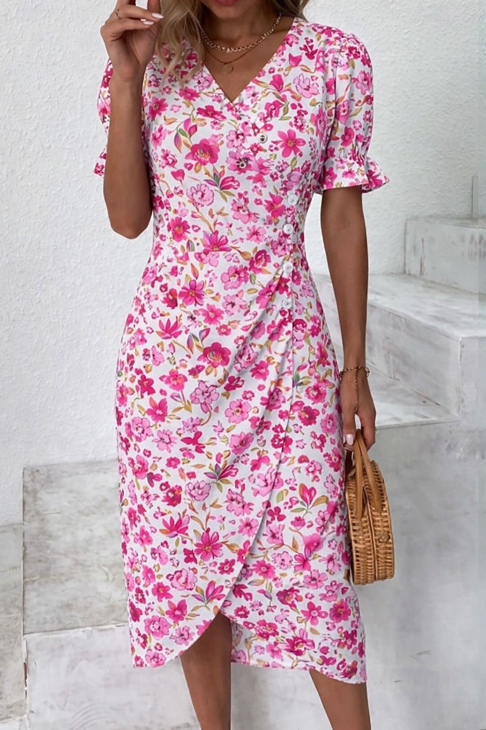 Women's Midi Dress Summer Dress Ruffle Dress Bodycon Dress Vacation Party Casual Regular Fit Floral Graphic Short Sleeve V Neck Blue Yellow Pink Summer Spring 2026 - $41.99 –P3