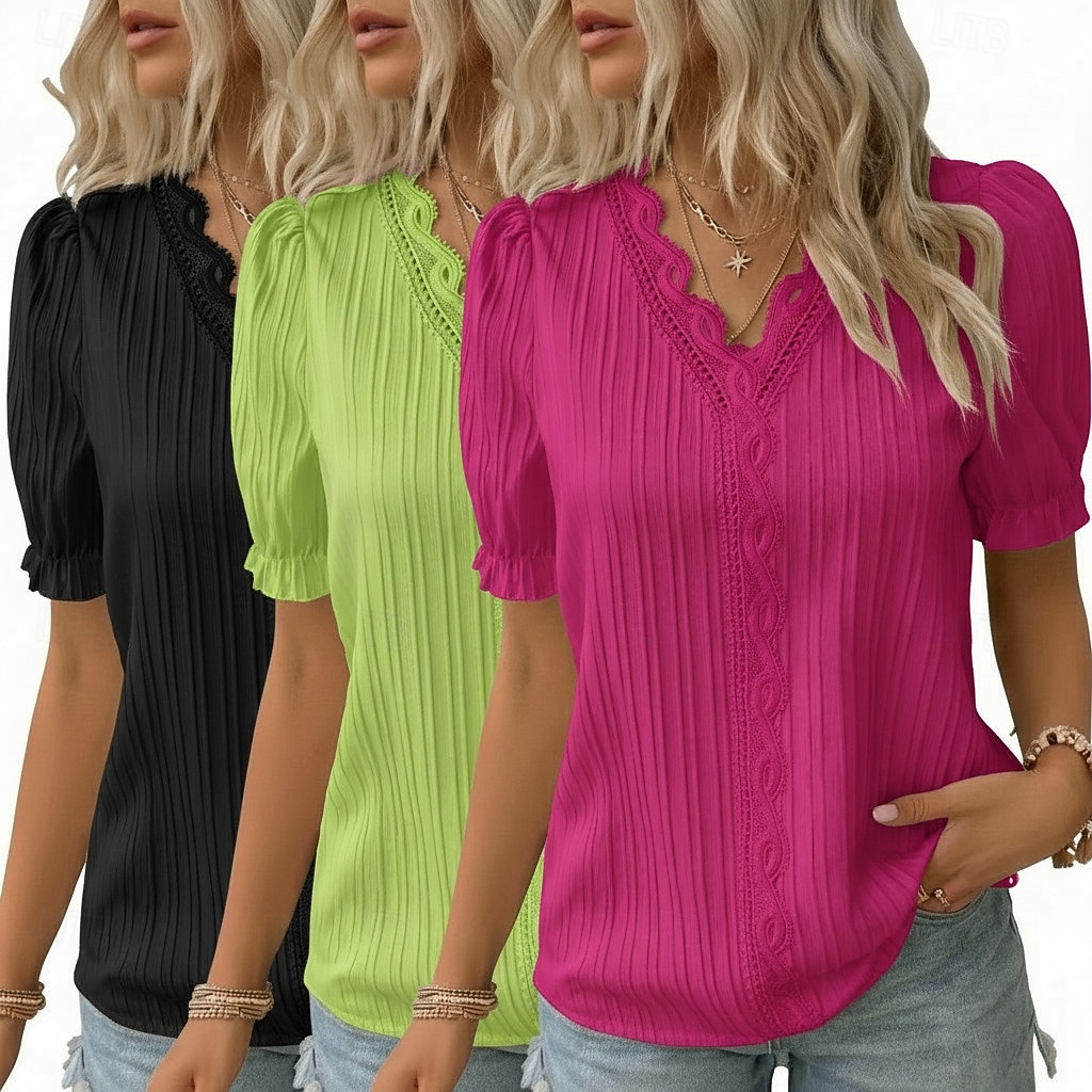 pachete multiple 3 buc bluză texturată pentru femei tricou top dantelă patchwork simplu modă elegant clasic mânecă scurtă decolteu în V topuri obișnuite casual zilnic plajă alb+fucsia+galben 2026 - $38.99 –P8