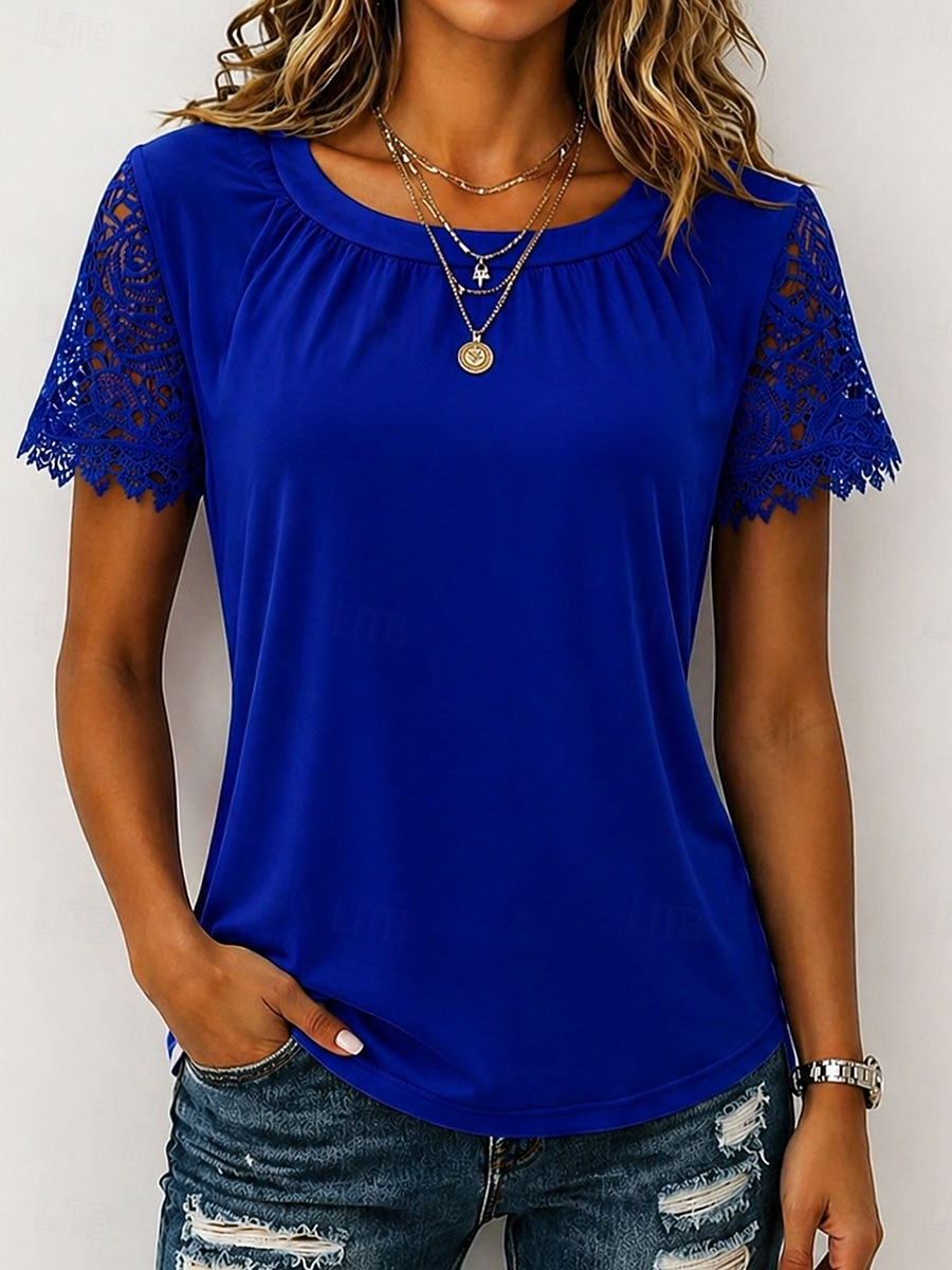 Women's Shirt Blouse Lace Tops Lace Plain Stylish Classic Modern Short Sleeve Crew Neck Regular Tops Daily Holiday Going out Blue Black White Pink Red Summer Spring 2026 - $8.99 –P6