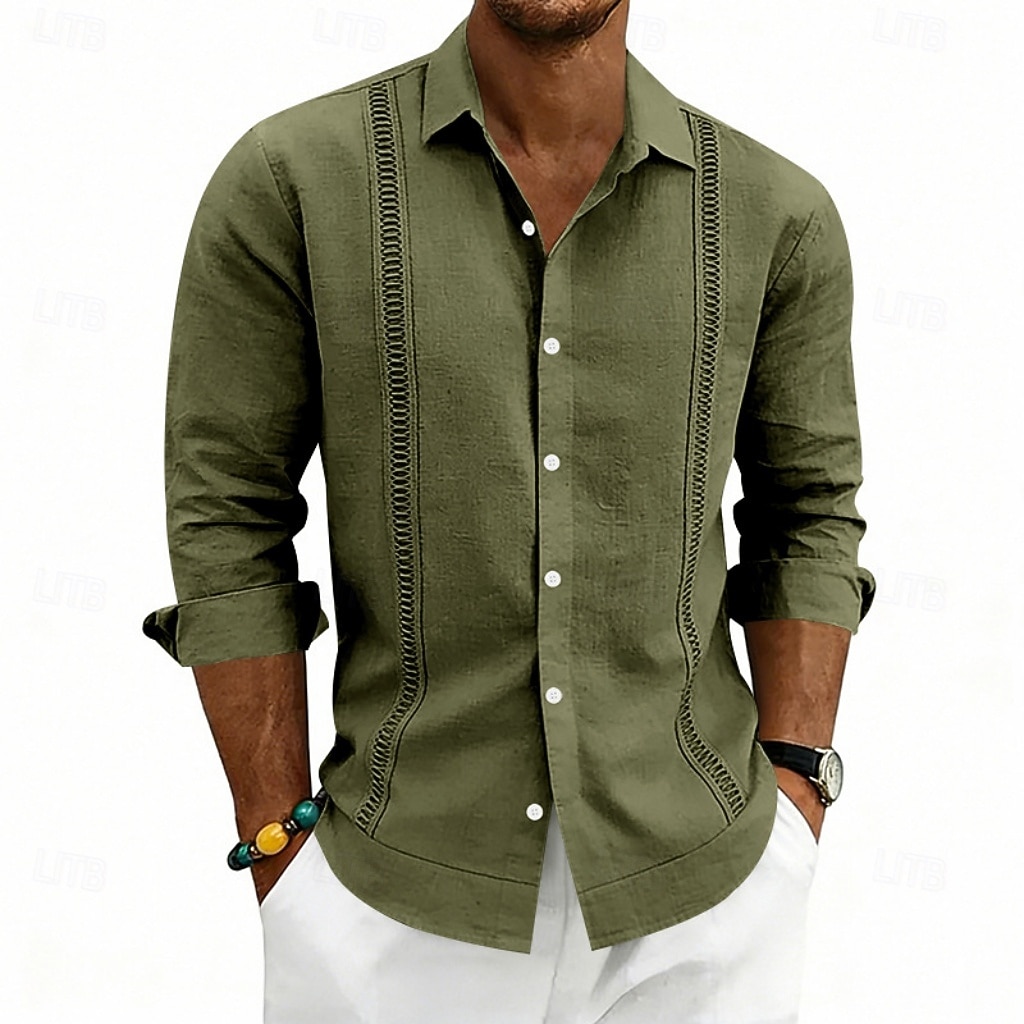 Herren Hemd Leinenhemd Sommerhemd Strandhemd Einfach Lässig Urlaub Schwarz Weiß Marineblau Khaki Langarm Umlegekragen Sommer Frühling Bekleidung Patchwork 2026 - $25.99 –P13